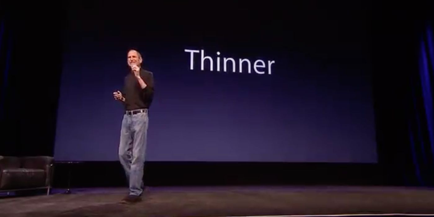 Steve Jobs presenting on minimalist keynote stage