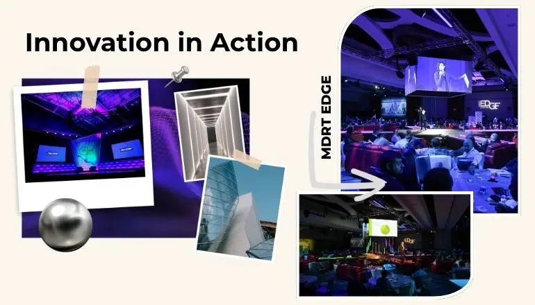 High-tech conference stage with metallic finishes and LED tube lighting
