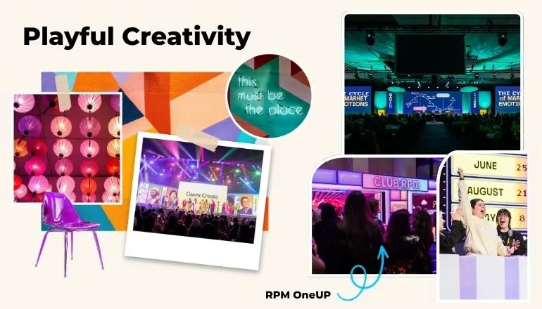 Colorful conference stage with neon signage and acrylic furniture